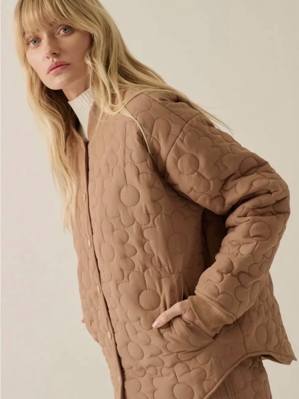 Promesa Quilted Floral Bomber Jacket - Tan